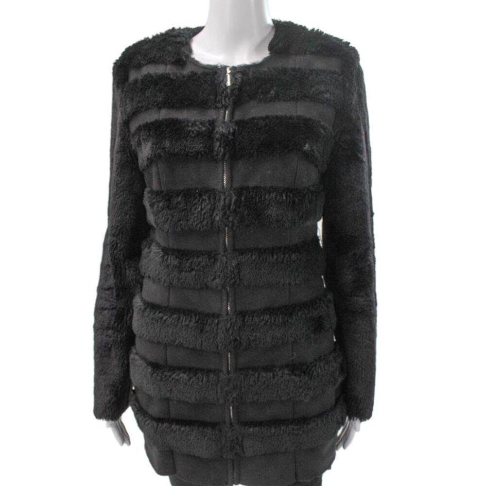 Stella & Jamie Womens Faux Fur Black Basic Jacket Zip Long Sleeve Size S
